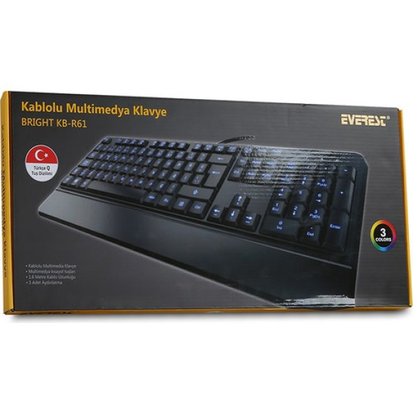 Everest KB-R61 BRIGHT Siyah USB 3 Renk Aydınlatmalı Q Sabit Bilek Destekli Gaming Oyuncu Multimedia Klavye - 2