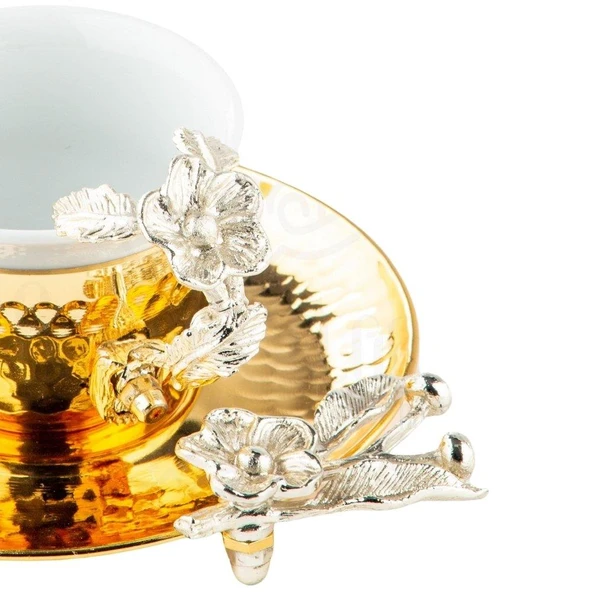 Nikel Japon Gülü Dikdörtgen Tepsi + 6'lı Kahve Fincanı Altın - 2