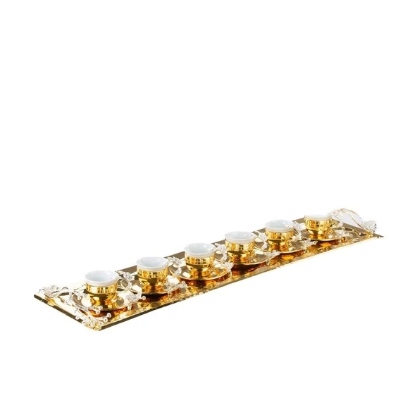 Nikel Japon Gülü Baton Tepsi + 6'lı Çizgili Kahve Fincanı Altın