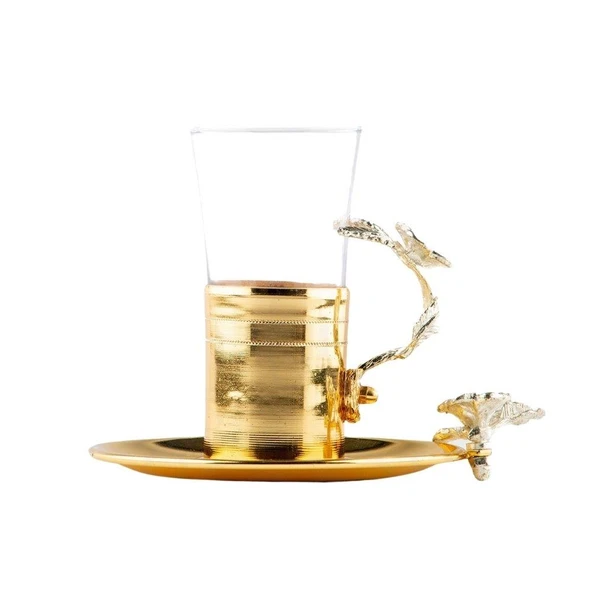 Nikel Japon Gülü Yuvarlak Tepsi + 6'lı Çizgili Çay bardağı Altın - 2