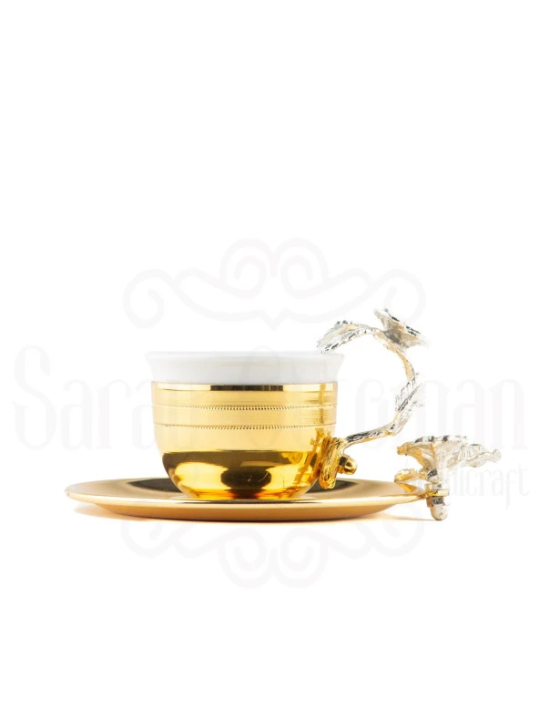 Nikel Japon Gülü Dikdörtgen Tepsi + 6'lı Çizgili Kahve Fincanı Altın - Resim 2