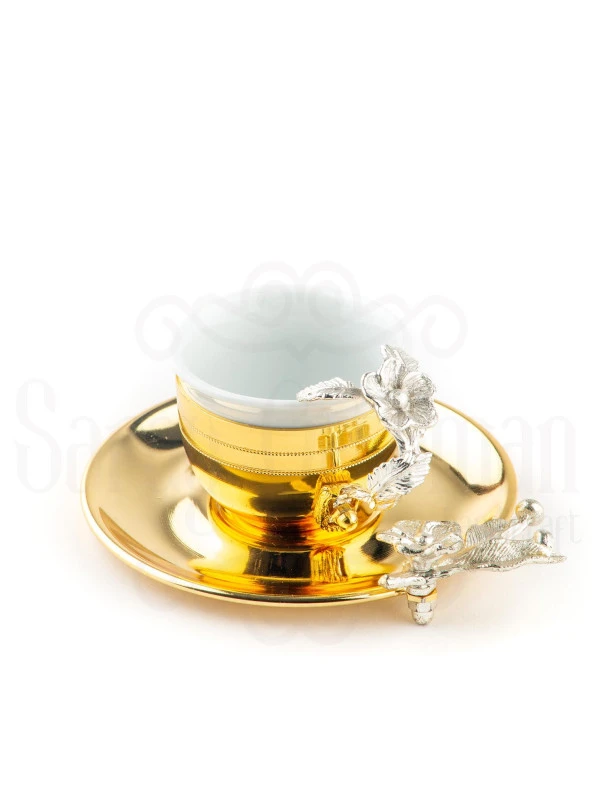 Nikel Japon Gülü Dikdörtgen Tepsi + 6'lı Çizgili Kahve Fincanı Altın - Resim 3