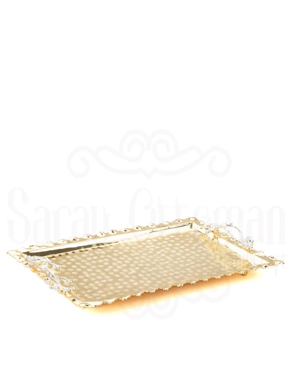 Nikel Japon Gülü Dikdörtgen Tepsi + 6'lı Çizgili Kahve Fincanı Altın - Resim 5