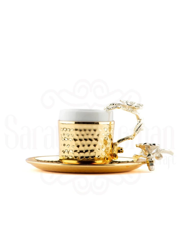Nikel Japon Gülü Yuvarlak Tepsi + 6'lı Kahve Fincanı Altın - Resim 2