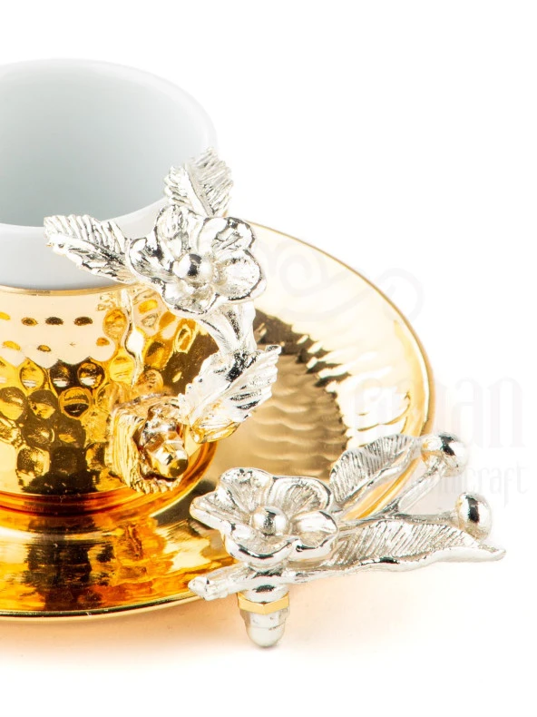 Nikel Japon Gülü Yuvarlak Tepsi + 6'lı Kahve Fincanı Altın - Resim 4
