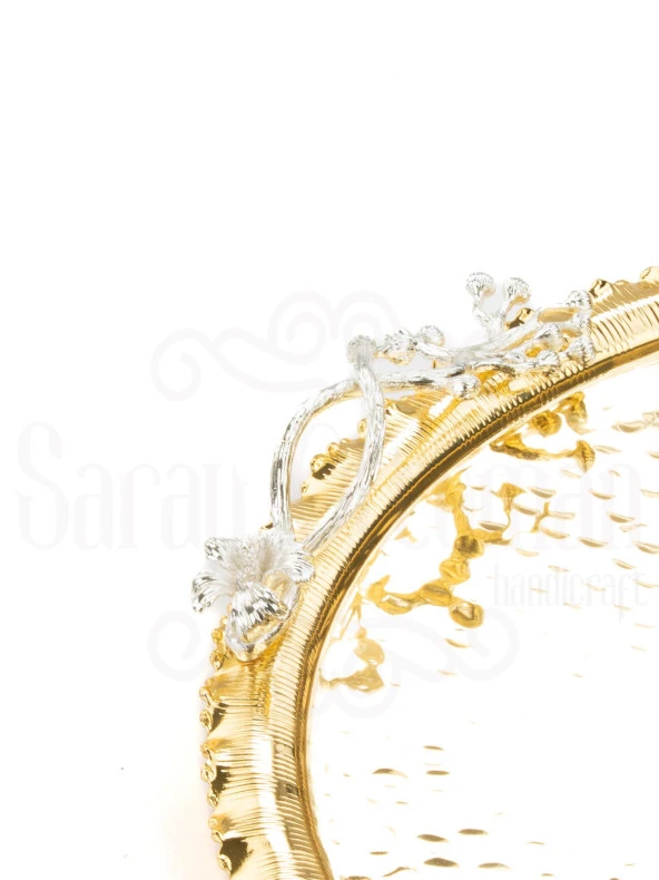 Nikel Japon Gülü Yuvarlak Tepsi + 6'lı Kahve Fincanı Altın - Resim 6