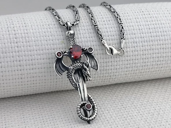 Ejderha Şovalye Kılıcı Tasarımlı Kral Zincirli 925 Ayar Gümüş Kolye ürün görseli 1