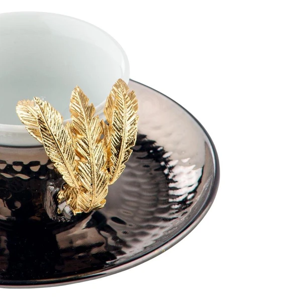 Bakır Kahve Fincanı Porselen Kahve Fincanı Altın Tüylü 2'li Kahve Fincanı Siyah - Resim 3