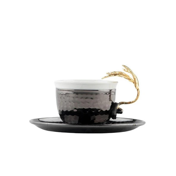 Bakır Kahve Fincanı Porselen Kahve Fincanı Altın Tüylü 2'li Kahve Fincanı Siyah - Resim 2