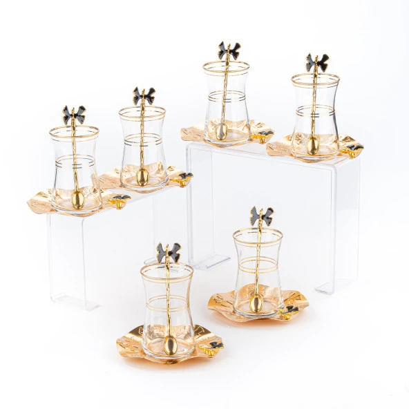 Çay Seti Çay Bardağı Takımı 6 Kişilik Kelebek Siyah