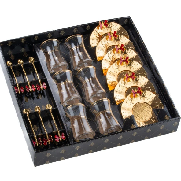 Çay Seti Çay Bardağı Takımı 6 Kişilik Kelebek Kırmızı - 4