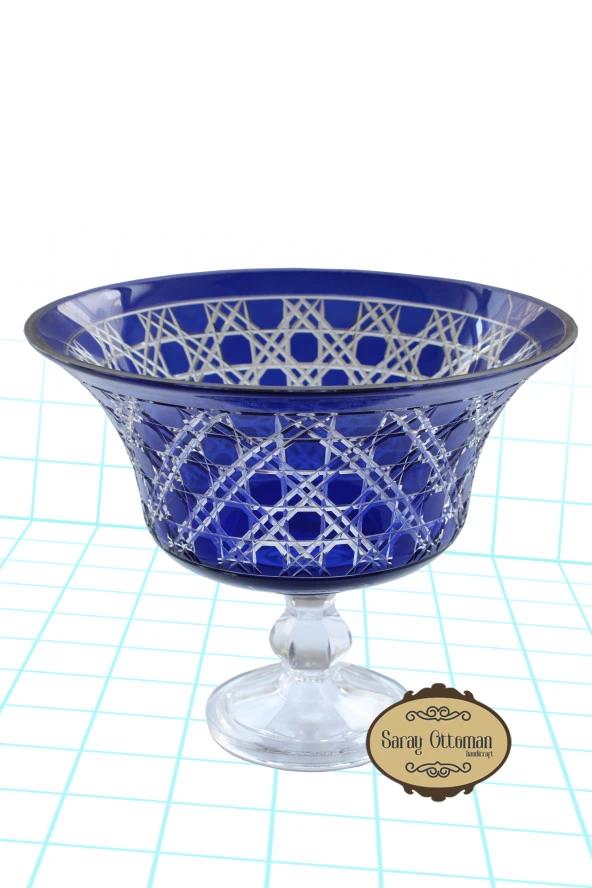 Ayaklı Cam Kase Sunumluk Meyvelik Hasır Desen Safir Ayaklı Mavi Renk - 2