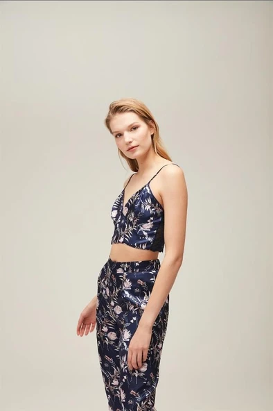 Nazik Home Mia Sabahlık Pantolon Büstiyer 3'lü Takım Lacivert L - 7