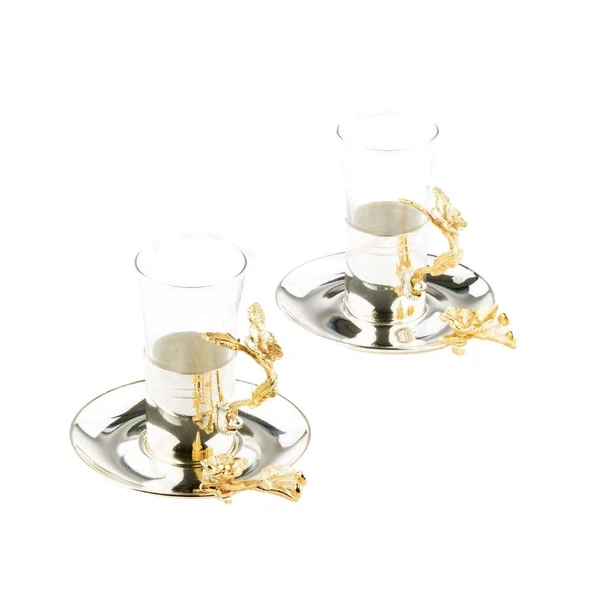 Bakır Çay Bardağı Cam Çay Bardağı Kahve Yanı Çay Bardağı Altın Japon Gülü 2'li Çay Bardağı Nikel