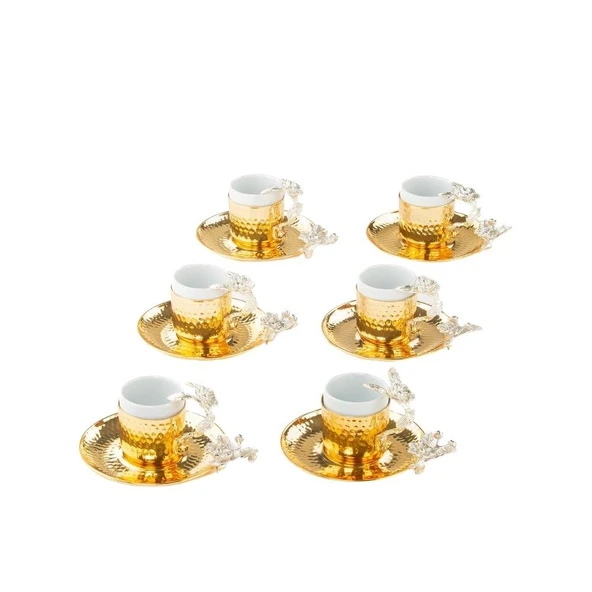 Bakır Kahve Fincanı Porselen Kahve Fincanı Nikel Japon Gülü 6'lı Kahve Fincanı Altın