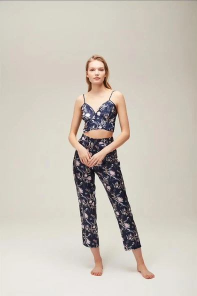 Nazik Home Mia Sabahlık Pantolon Büstiyer 3'lü Takım Lacivert L - 6