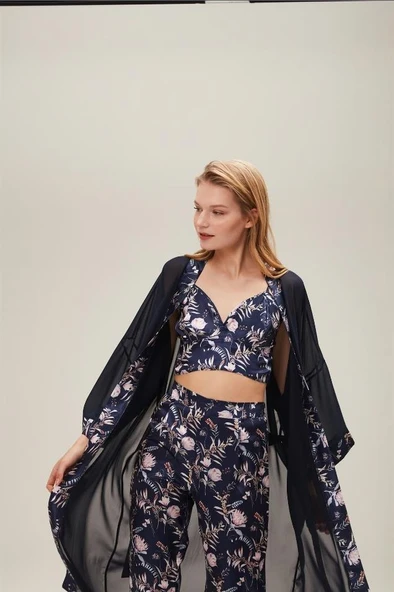 Nazik Home Mia Sabahlık Pantolon Büstiyer 3'lü Takım Lacivert L