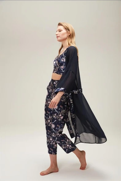 Nazik Home Mia Sabahlık Pantolon Büstiyer 3'lü Takım Lacivert L - 4