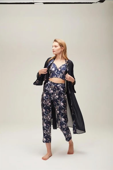 Nazik Home Mia Sabahlık Pantolon Büstiyer 3'lü Takım Lacivert L - 3