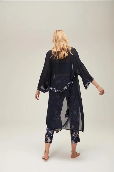 Nazik Home Mia Sabahlık Pantolon Büstiyer 3'lü Takım Lacivert L - 5