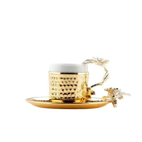 Bakır Kahve Fincanı Porselen Kahve Fincanı Nikel Japon Gülü 6'lı Kahve Fincanı Altın - 2