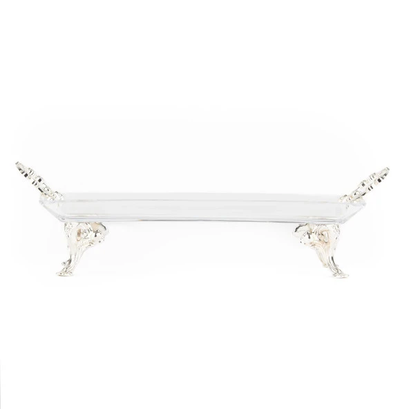 Dikdörtgen Cam Tepsi Ayaklı Kulplu Gümüş Detaylı - 2