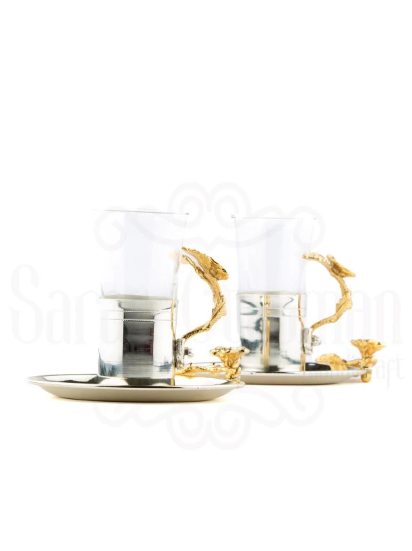 Bakır Çay Bardağı Cam Çay Bardağı Kahve Yanı Çay Bardağı Altın Japon Gülü 2li Çay Bardağı Nikel