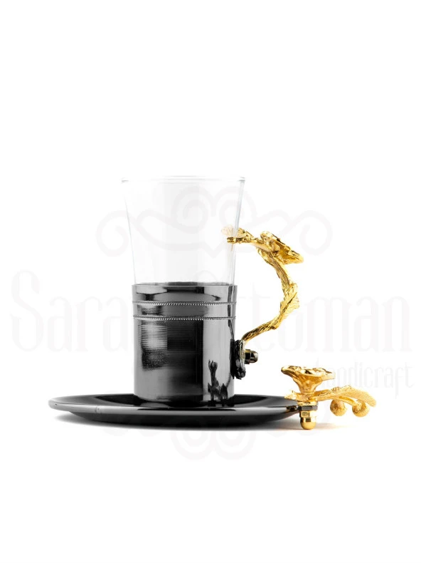 Bakır Çay Bardağı Cam Bardak Altın Japon Gülü Çizgili Çay Bardağı Siyah