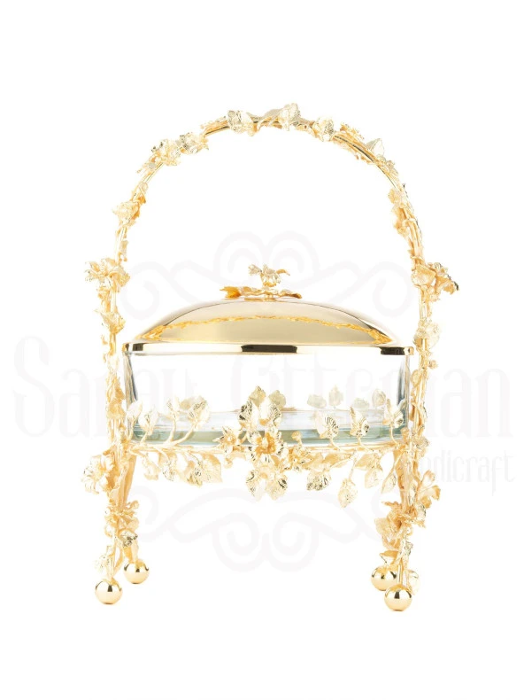 Bakır Ayaklı Kapaklı Şekerlik Meyvelik Sunumluk Lokumluk Dekoratif Obje Söz Nişan Çikolatalık Sandra Sepet Çikolatalık - 2