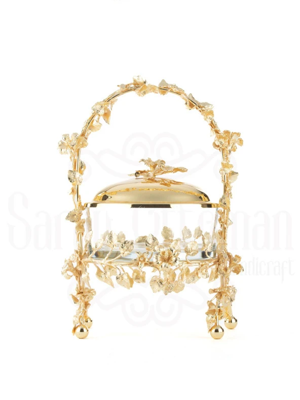 Bakır Ayaklı Kapaklı Şekerlik Meyvelik Sunumluk Lokumluk Dekoratif Obje Söz Nişan Çikolatalık Sandra Sepet Çikolatalık - 3