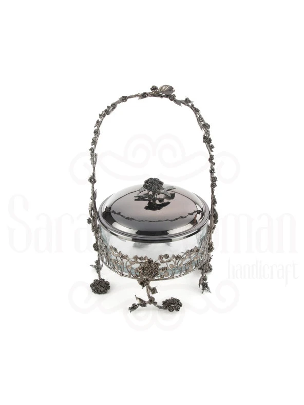 Bakır Ayaklı Kapaklı Şekerlik Meyvelik Sunumluk Lokumluk Dekoratif Obje Söz Nişan Çikolatalık Sandra Sepet Çikolatalık - 11