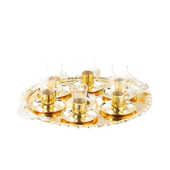 Nikel Tüylü Yuvarlak Tepsi + 6'lı Çay Bardağı Altın