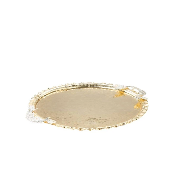 Nikel Tüylü Yuvarlak Tepsi + 6'lı Çay Bardağı Altın - 3