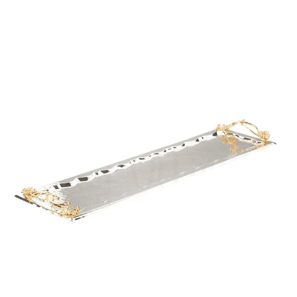 Altın Japon Gülü Baton Tepsi + 6'lı Çizgili Çay Bardağı Nikel - 2