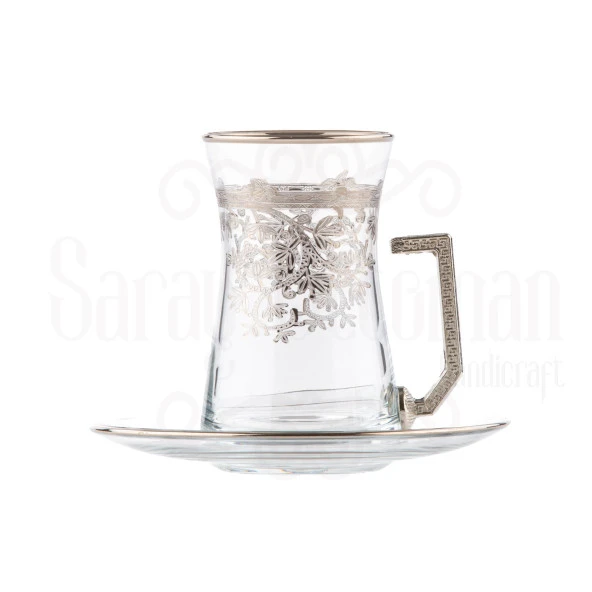 Bardak Çay Bardağı Çay Seti Çay Takımı Pantoğraf Heybeli Kulplu Çay Seti İç Yaldız Gümüş - 2