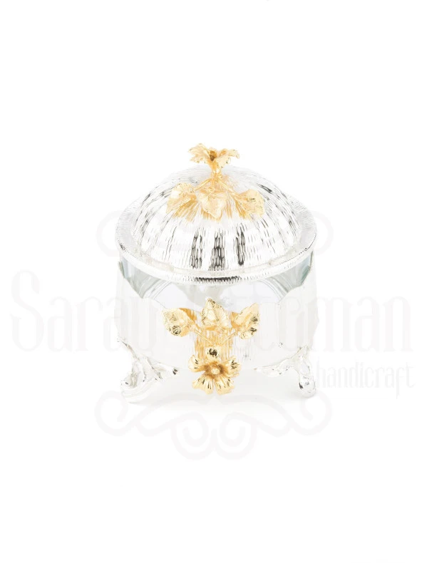 Bakır Ayaklı Kapaklı Şekerlik Meyvelik Sunumluk Lokumluk Dekoratif Obje Söz Nişan Çikolatalık Sandra - 11