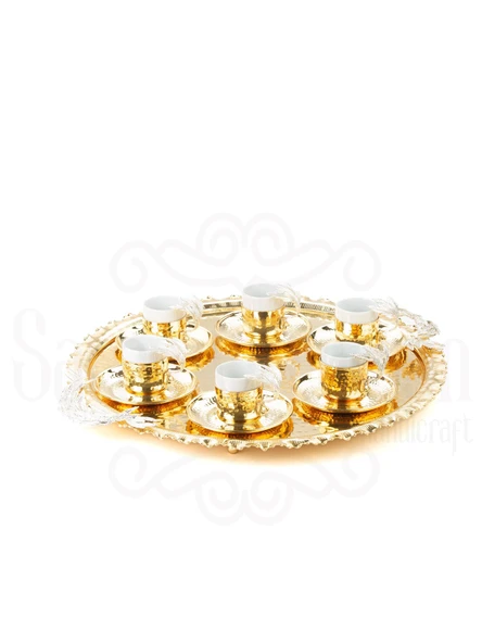 Nikel Tüylü Yuvarlak Tepsi + 6'lı Kahve Fincanı Altın - Resim 2