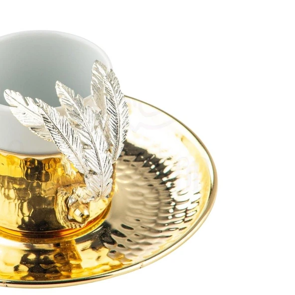 Nikel Tüylü Yuvarlak Tepsi + 6'lı Kahve Fincanı Altın - Resim 3