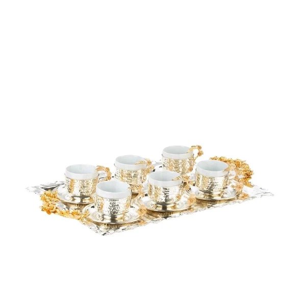 Altın Güllü Dikdörtgen Tepsi + 6'lı Nescafe Fincanı Nikel