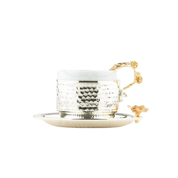 Altın Güllü Dikdörtgen Tepsi + 6'lı Nescafe Fincanı Nikel - 2