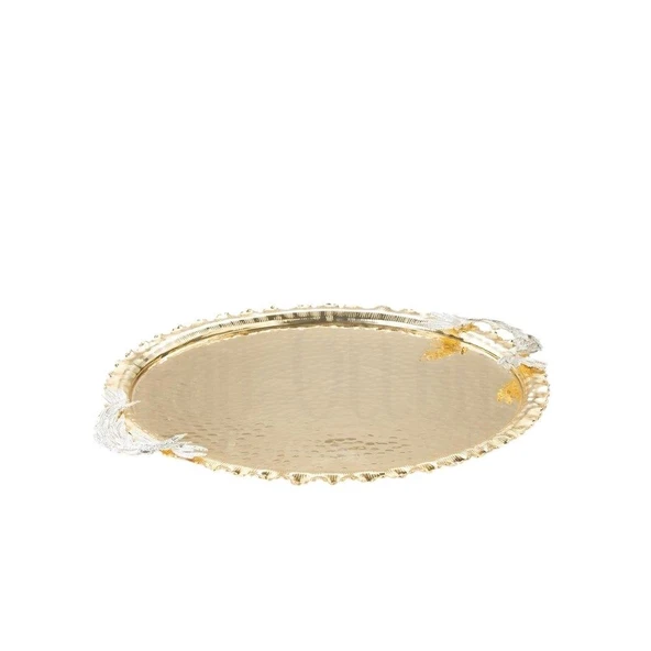 Nikel Tüylü Yuvarlak Tepsi + 6'lı Kahve Fincanı Altın - Resim 4