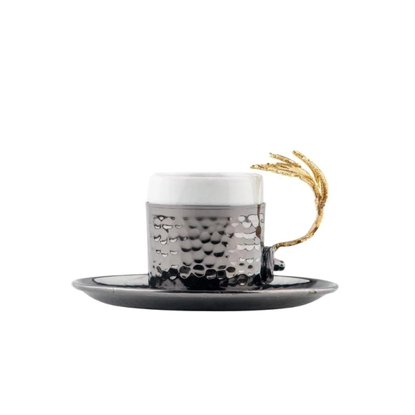 Altın Tüylü Dikdörtgen Tepsi + 6'lı Kahve Fincanı Siyah - Resim 2