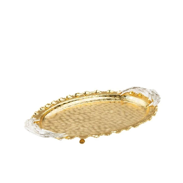 Nikel Tüylü Oval Tepsi + 2'li Çay Bardağı Altın - 2