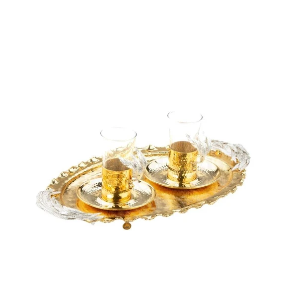 Nikel Tüylü Oval Tepsi + 2'li Çay Bardağı Altın