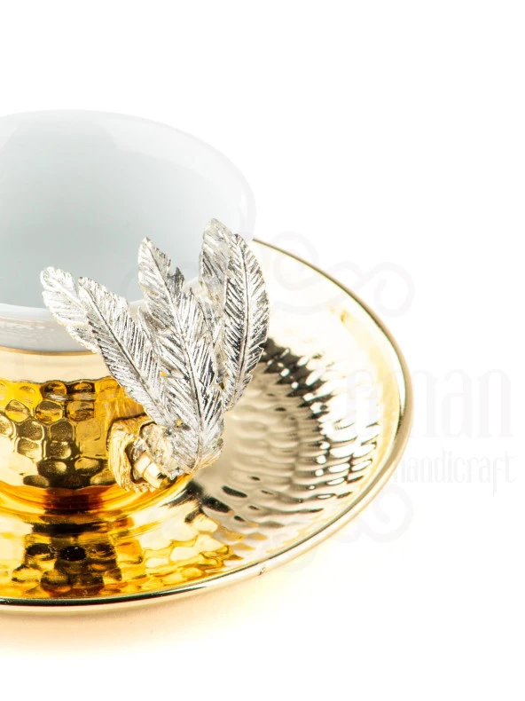 Nikel Tüylü Oval Tepsi + 2'li Kahve Fincanı Altın - 4