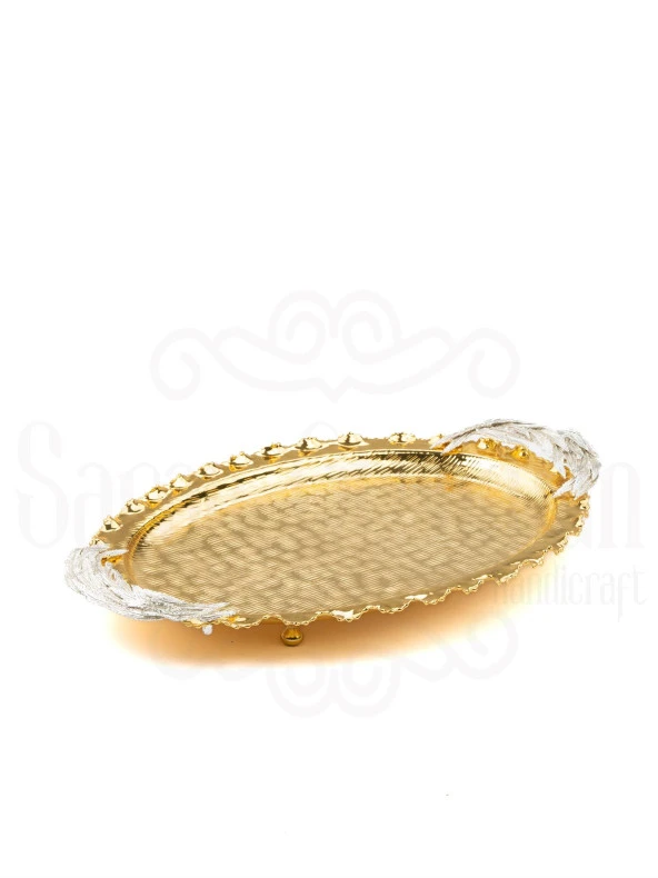 Nikel Tüylü Oval Tepsi + 2'li Kahve Fincanı Altın - 5