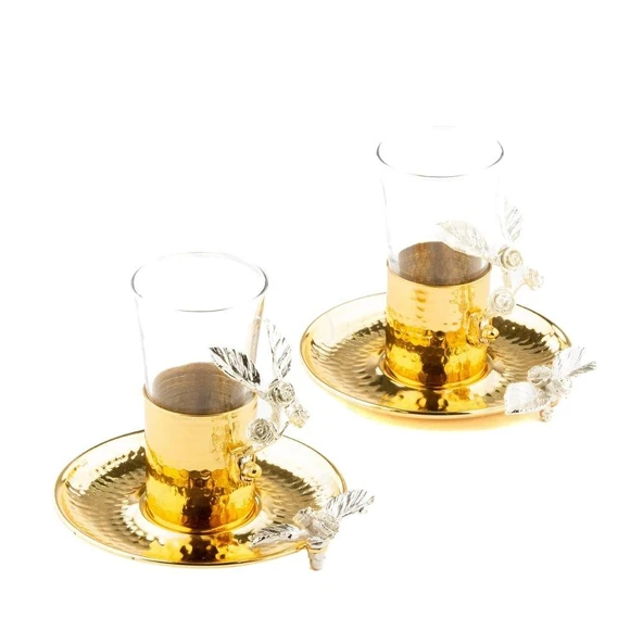 Bakır Çay Bardağı Cam Çay Bardağı Kahve Yanı Çay Bardağı Nikel Güllü 2'li Çay Bardağı Altın