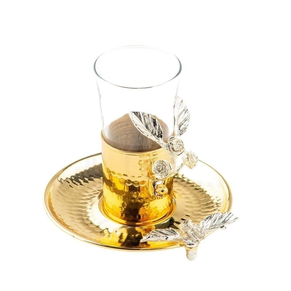 Bakır Çay Bardağı Cam Çay Bardağı Kahve Yanı Su Bardağı Nikel Güllü Çay Bardağı Altın - 2