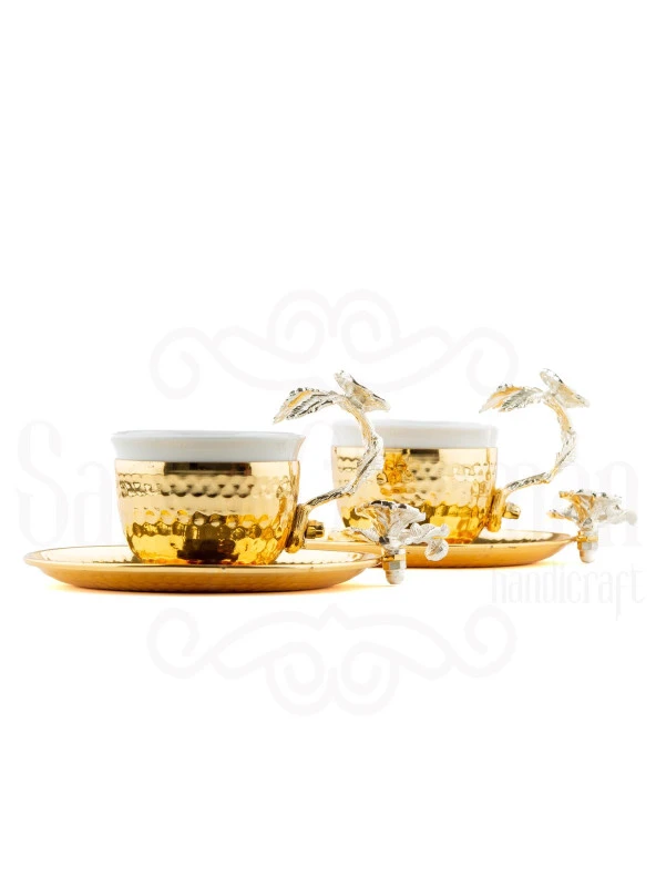 Bakır Kahve Fincanı Porselen Kahve Fincanı Nikel Japon Gülü 2li Kahve Fincanı Altın