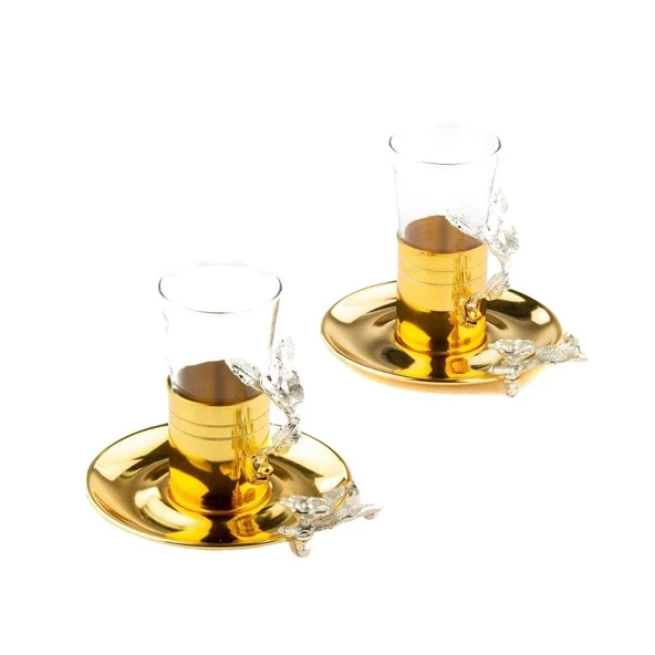 Bakır Çay Bardağı Cam Çay Bardağı Nikel Japon Gülü Çizgili 2'li Çay Bardağı Altın